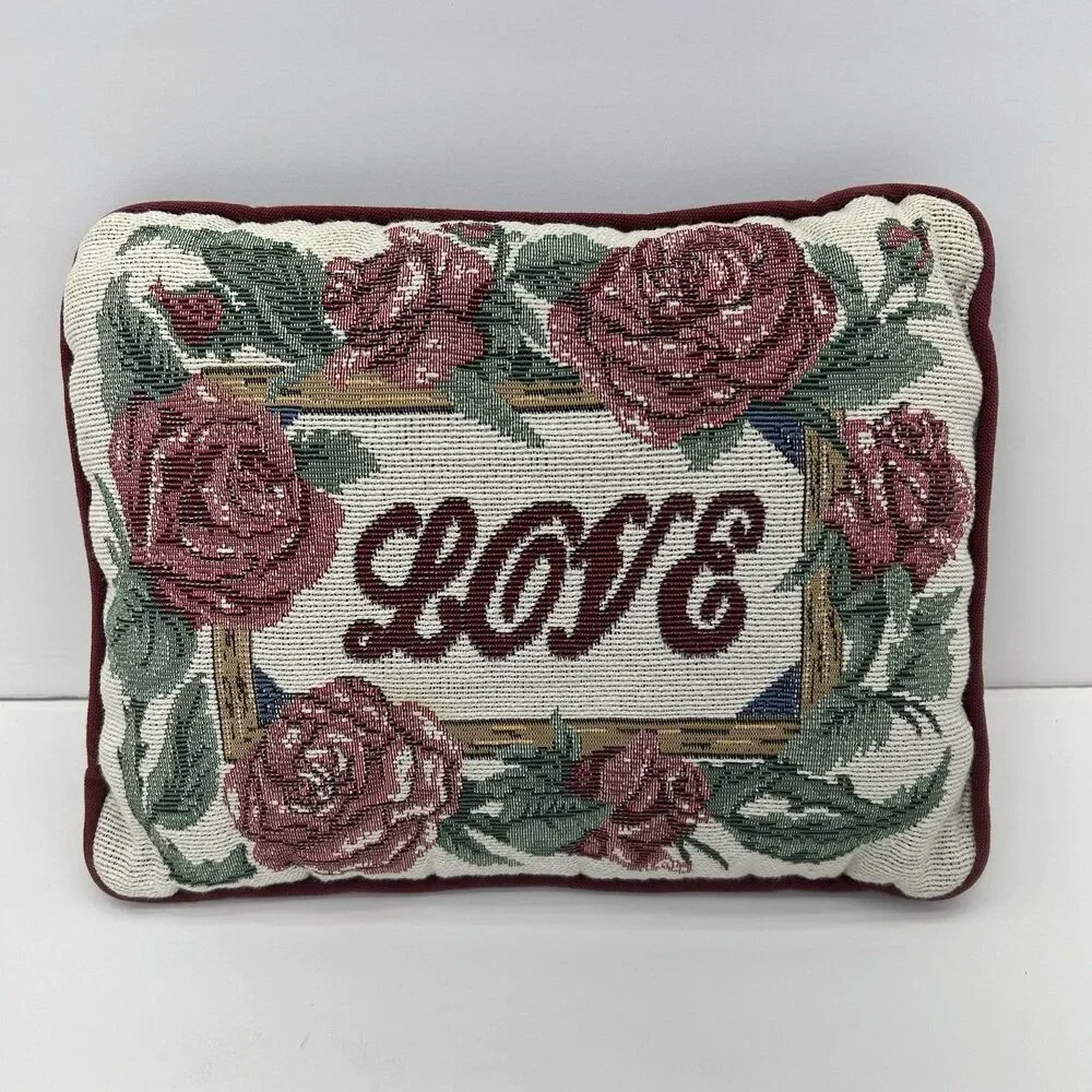 Vintage Tapestry Throw Pillow Love With Roses Home Decor Floral Grandma Wreath - Picture 1 of 8
